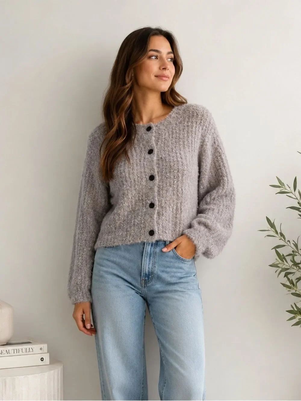 Cozy Taupe Button-Up Flare Sweater Cardigan